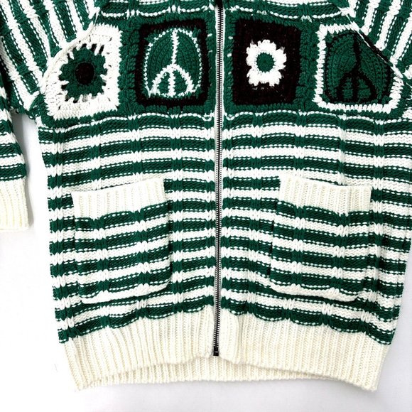 UO BDG Crochet Knit Zip Up Cardigan Sweater Patchwork Green Peace NWT $148 sz XS - Picture 3 of 10